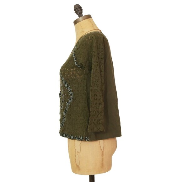 Free People Aztec Embroidered Crop Top Size S Crochet Knit Green EUC A3 - Picture 4 of 5